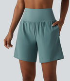 Super High Waisted Tummy Control 2-in-1 Quick Dry Yoga Shorts 7'' with Pockets — Stone Blue — view 7