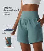 Super High Waisted Tummy Control 2-in-1 Quick Dry Yoga Shorts 7'' with Pockets — Stone Blue — view 1