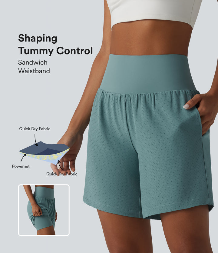 Super High Waisted Tummy Control 2-in-1 Quick Dry Yoga Shorts 7'' with Pockets — Stone Blue — view 1