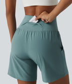 Super High Waisted Tummy Control 2-in-1 Quick Dry Yoga Shorts 7'' with Pockets — Stone Blue — view 6