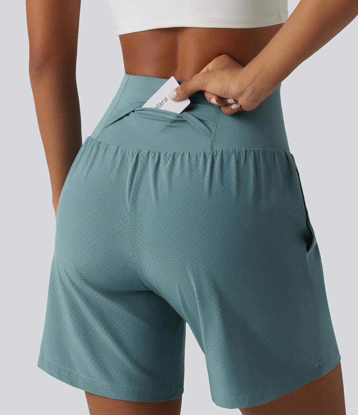 Super High Waisted Tummy Control 2-in-1 Quick Dry Yoga Shorts 7'' with Pockets — Stone Blue — view 6