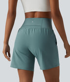 Super High Waisted Tummy Control 2-in-1 Quick Dry Yoga Shorts 7'' with Pockets — Stone Blue — view 3