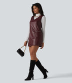 V Neck Sleeveless Stretchy PU Fleece Mini Work Dress with Pockets — Andorra — view 5