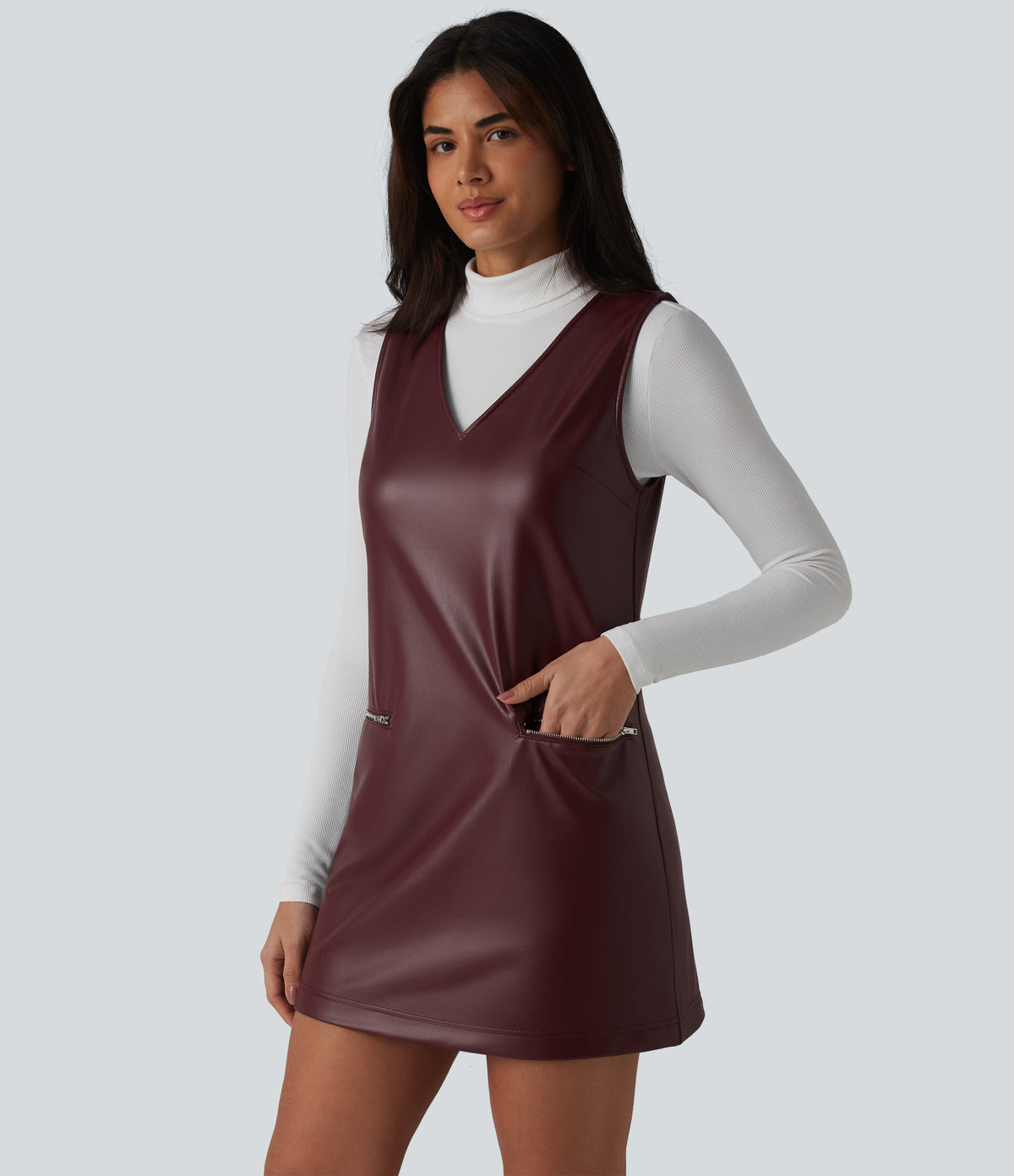 V Neck Sleeveless Stretchy PU Fleece Mini Work Dress with Pockets — Andorra — view 1