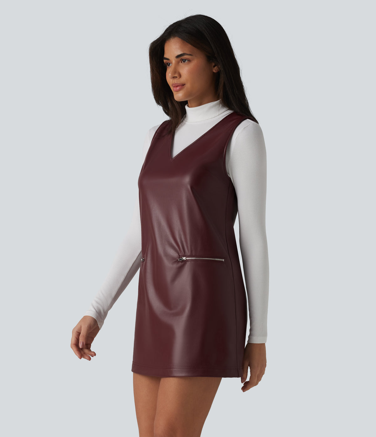 V Neck Sleeveless Stretchy PU Fleece Mini Work Dress with Pockets — Andorra — view 3