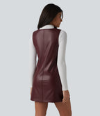 V Neck Sleeveless Stretchy PU Fleece Mini Work Dress with Pockets — Andorra — view 2