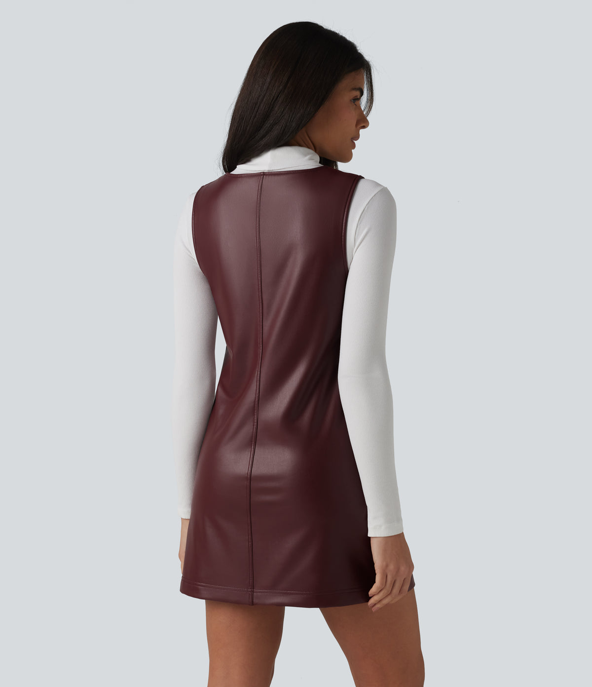 V Neck Sleeveless Stretchy PU Fleece Mini Work Dress with Pockets — Andorra — view 2