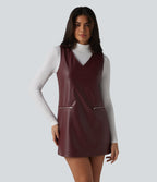V Neck Sleeveless Stretchy PU Fleece Mini Work Dress with Pockets — Andorra — view 4