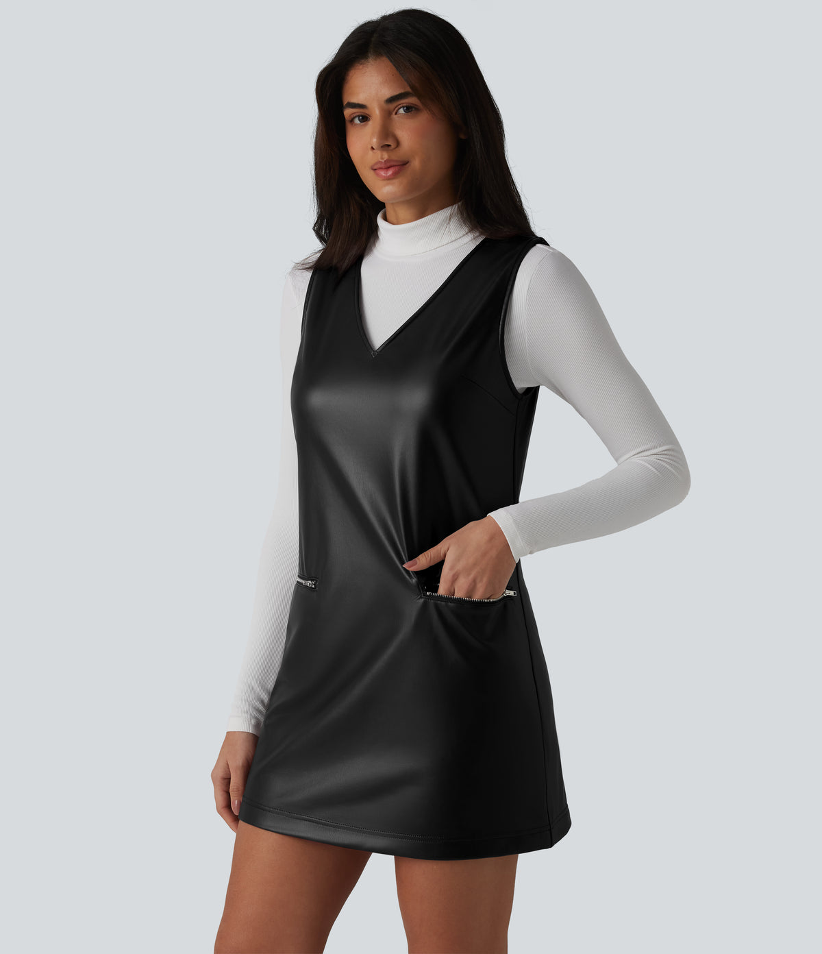 V Neck Sleeveless Stretchy PU Fleece Mini Work Dress with Pockets — Black Beauty — view 6