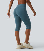 Heathered High Waisted Drawstring Quick Dry Pedal Pusher Yoga Leggings with Pockets — Dark Grey Mélange — view 3