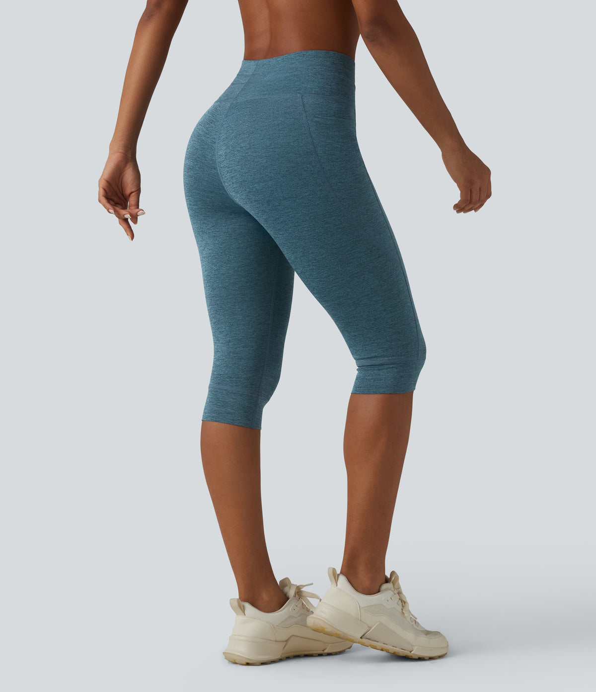 Heathered High Waisted Drawstring Quick Dry Pedal Pusher Yoga Leggings with Pockets — Dark Grey Mélange — view 3