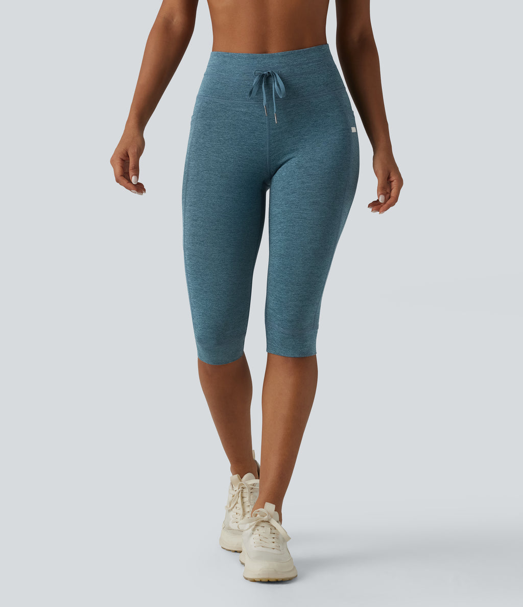 Heathered High Waisted Drawstring Quick Dry Pedal Pusher Yoga Leggings with Pockets — Dark Grey Mélange — view 4