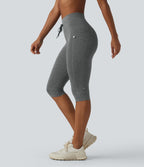 Heathered High Waisted Drawstring Quick Dry Pedal Pusher Yoga Leggings with Pockets — Light Grey Mélange — view 9