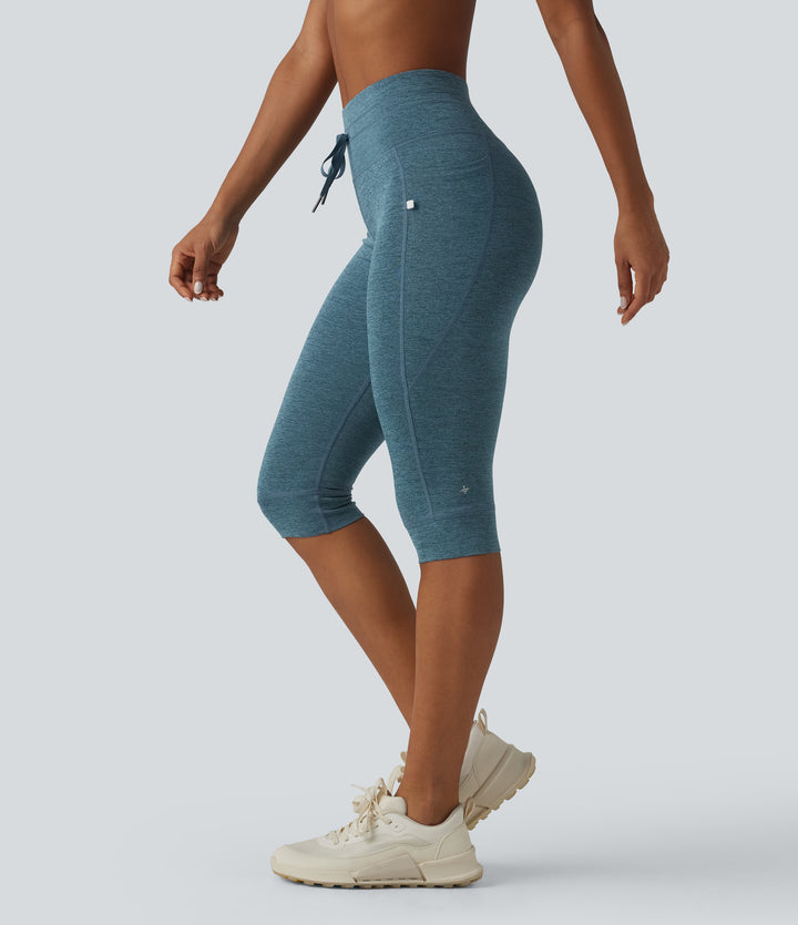 Heathered High Waisted Drawstring Quick Dry Pedal Pusher Yoga Leggings with Pockets — Dark Grey Mélange — view 1