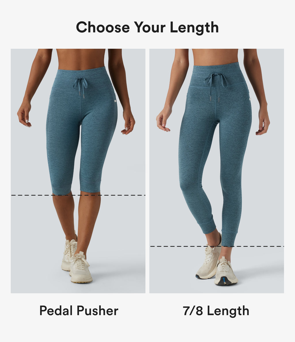 Heathered High Waisted Drawstring Quick Dry Pedal Pusher Yoga Leggings with Pockets — Dark Grey Mélange — view 2