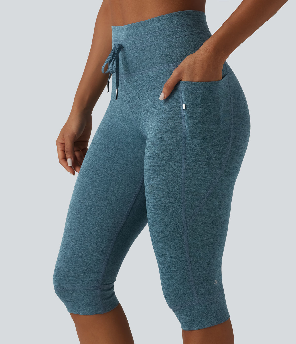 Heathered High Waisted Drawstring Quick Dry Pedal Pusher Yoga Leggings with Pockets — Dark Grey Mélange — view 5