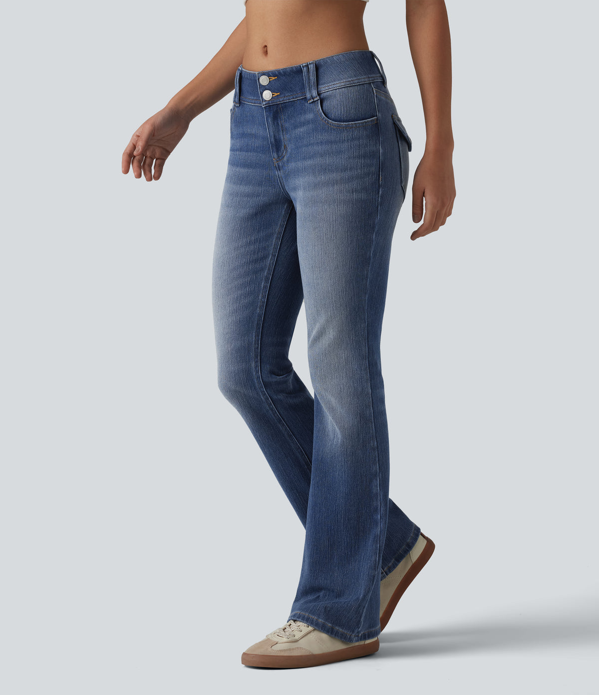 Low Rise Casual Bootcut Jeans with Pockets — Tide Blue Denim — view 3