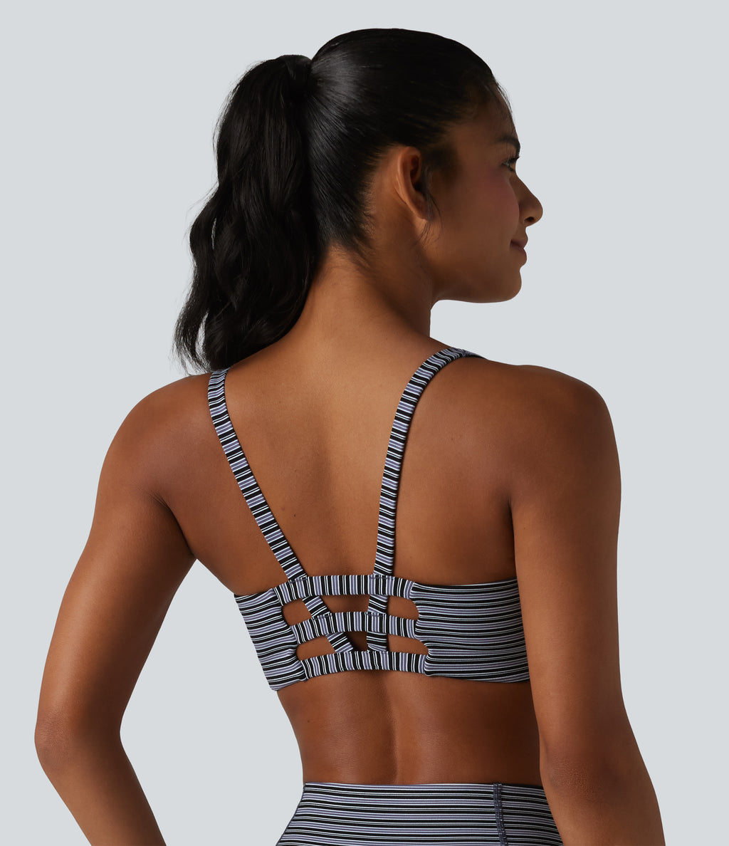 Jacquard Stripe Low Support U-Neck Cut-out Built-in Bra Yoga Sports Bra — Iris Stripe — view 4