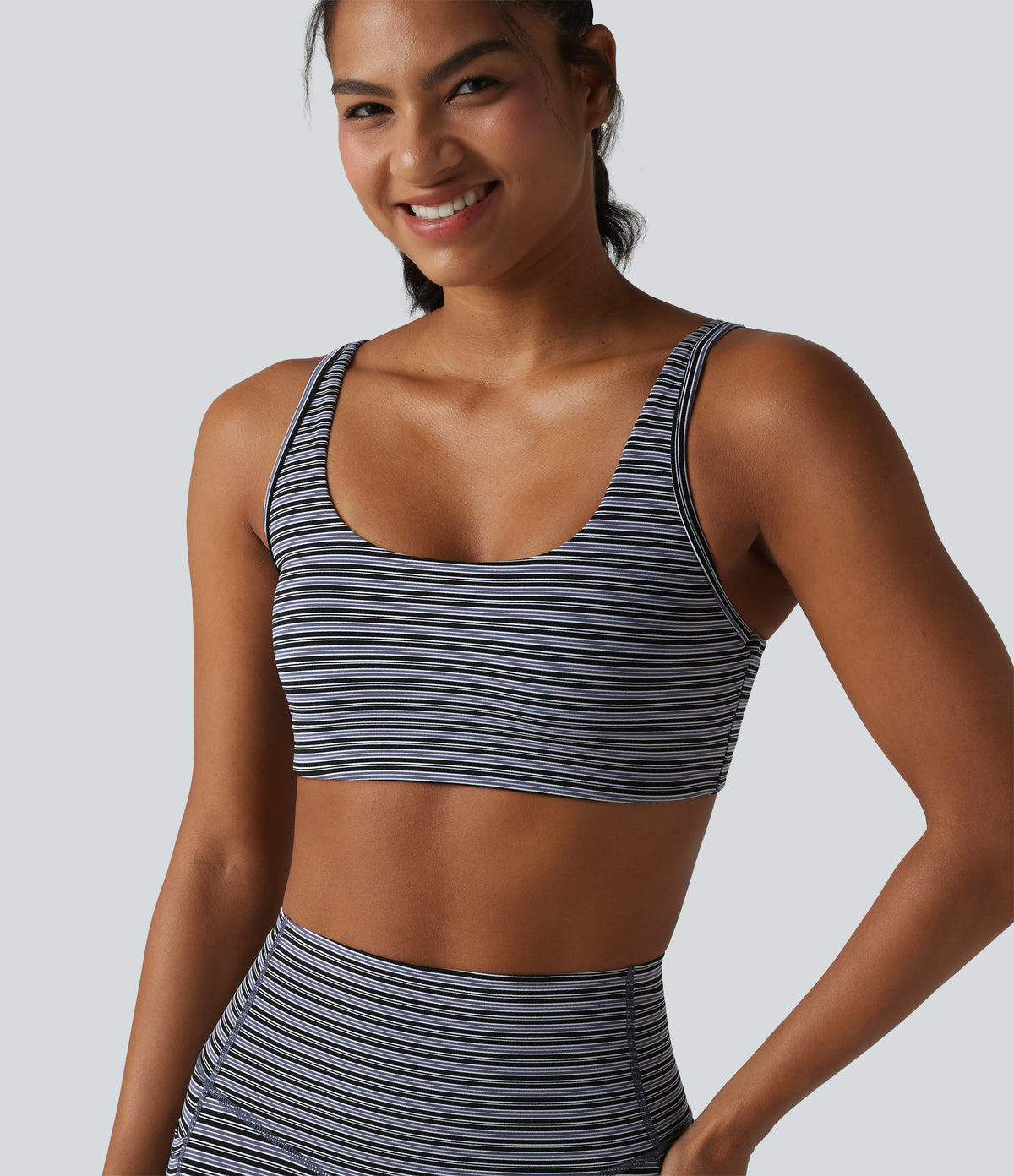 Jacquard Stripe Low Support U-Neck Cut-out Built-in Bra Yoga Sports Bra — Iris Stripe — view 5
