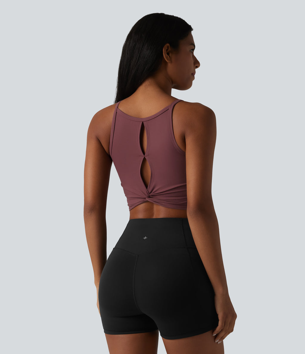 Plush Cut-Out Twisted Back U-Neck Built-in Bra Yoga Tank Top — Red Mahogany — view 4