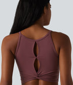 Plush Cut-Out Twisted Back U-Neck Built-in Bra Yoga Tank Top — Red Mahogany — view 1