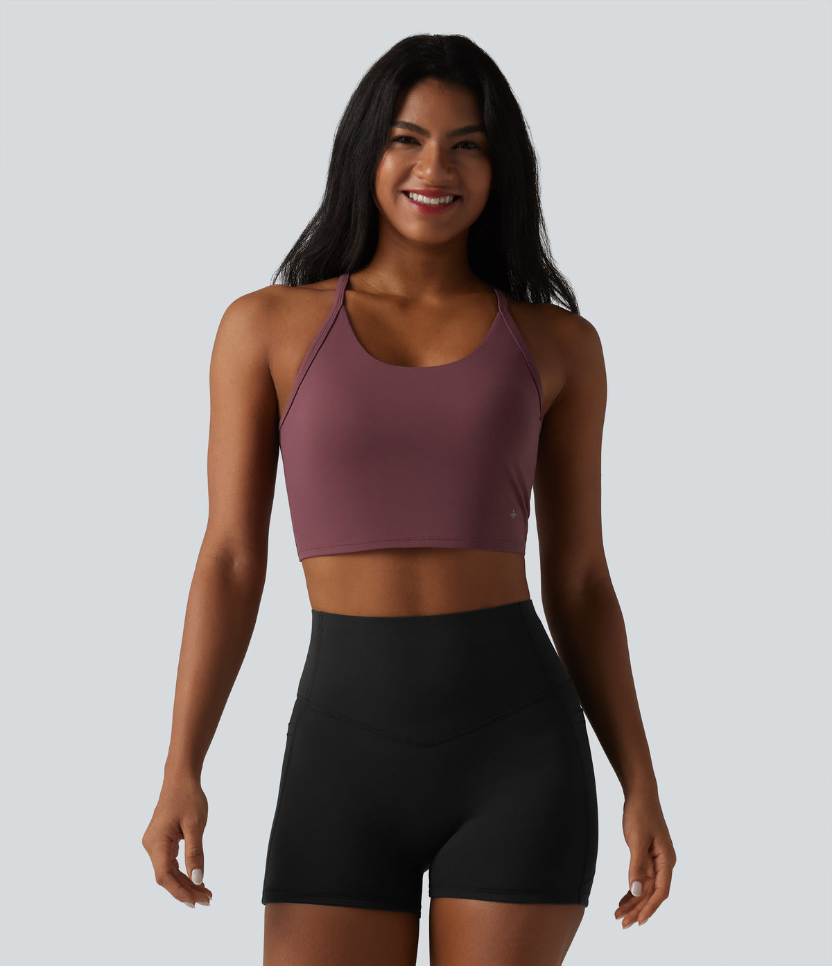 Plush Cut-Out Twisted Back U-Neck Built-in Bra Yoga Tank Top — Red Mahogany — view 2