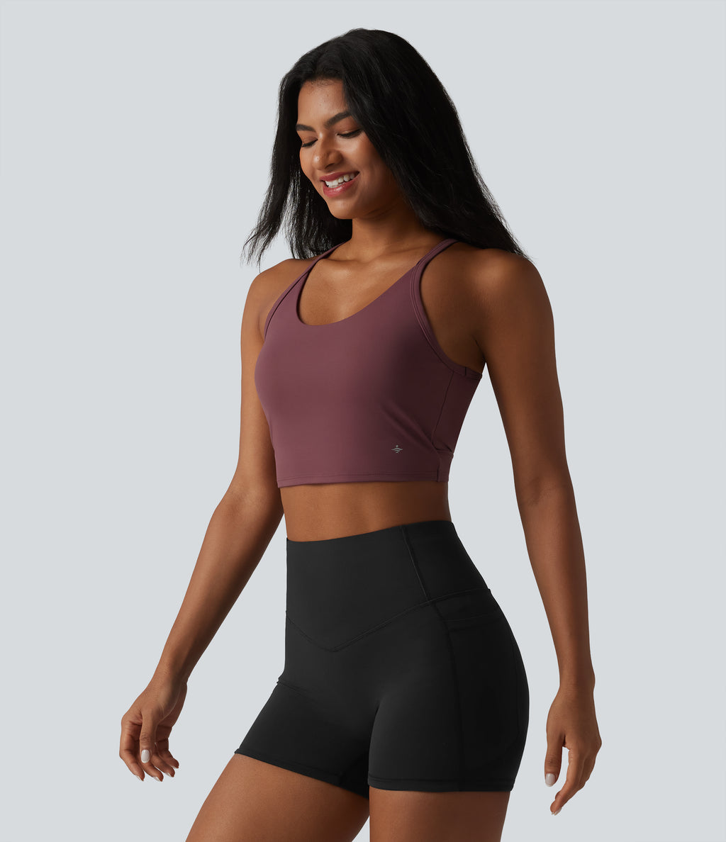 Plush Cut-Out Twisted Back U-Neck Built-in Bra Yoga Tank Top — Red Mahogany — view 3