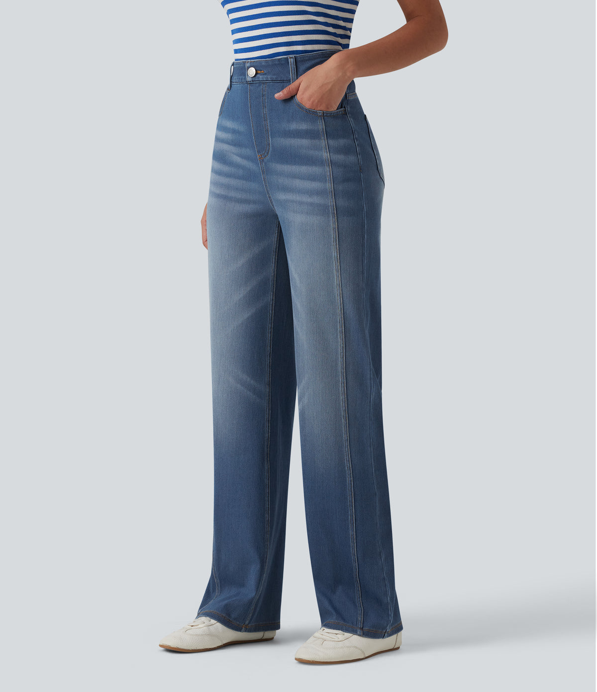 High Waisted Casual Straight Leg Jeans with Pockets — Tide Blue Denim — view 3