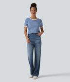 High Waisted Casual Straight Leg Jeans with Pockets — Tide Blue Denim — view 6