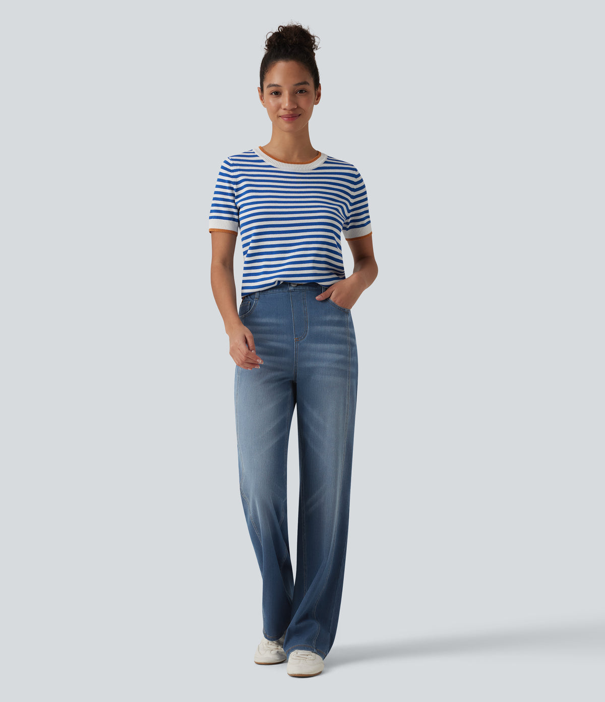 High Waisted Casual Straight Leg Jeans with Pockets — Tide Blue Denim — view 6