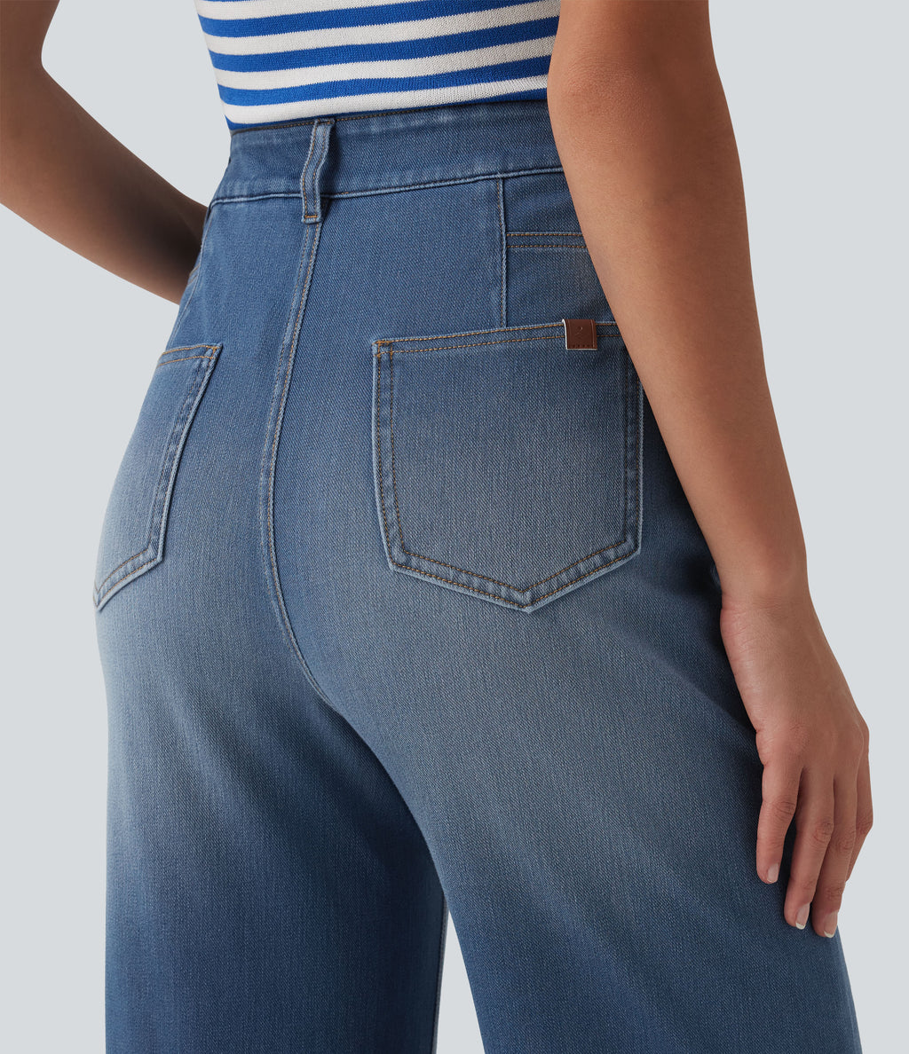 High Waisted Casual Straight Leg Jeans with Pockets — Tide Blue Denim — view 5