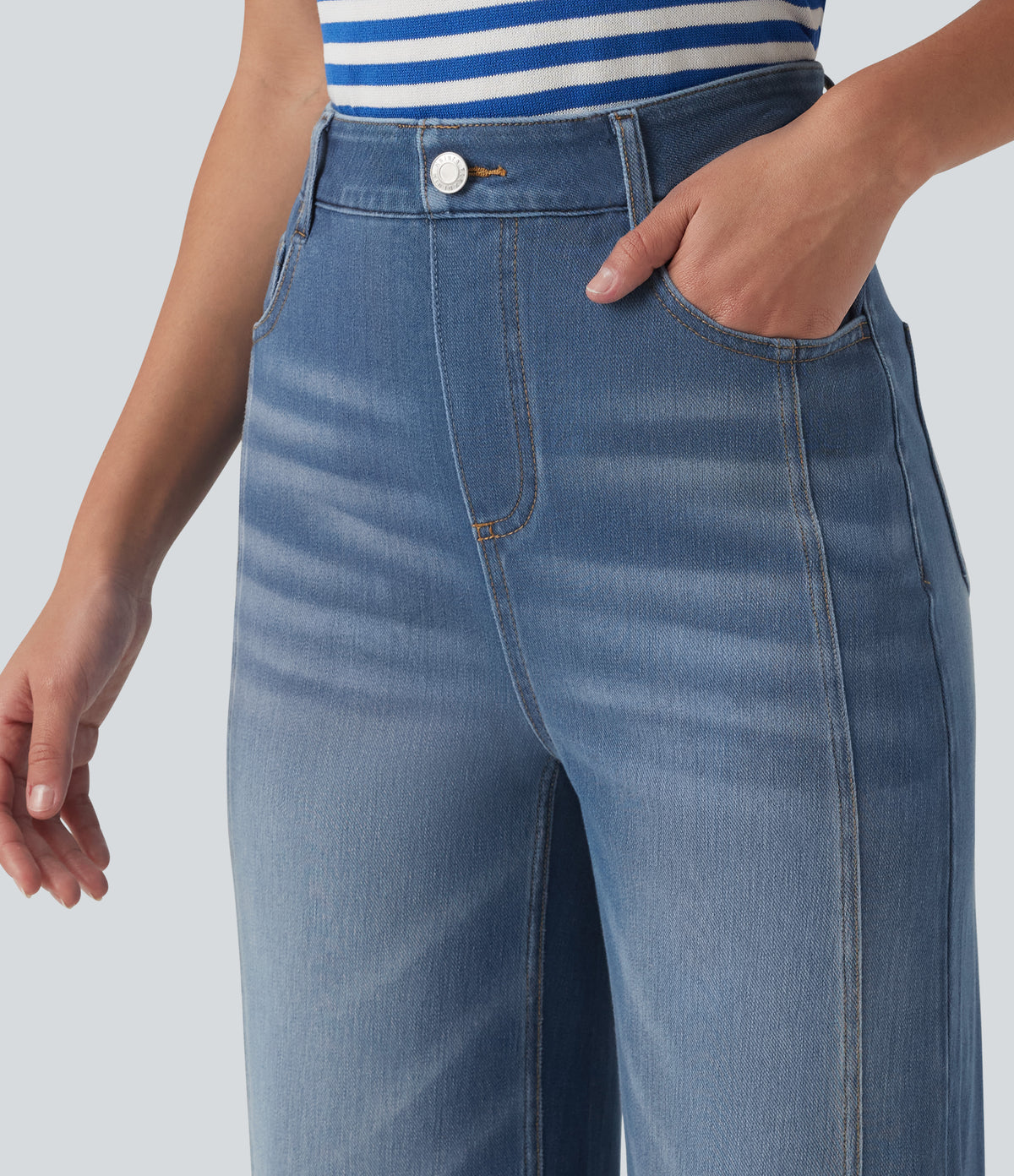 High Waisted Casual Straight Leg Jeans with Pockets — Tide Blue Denim — view 4