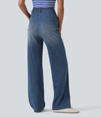 High Waisted Casual Straight Leg Jeans with Pockets — Tide Blue Denim — view 2