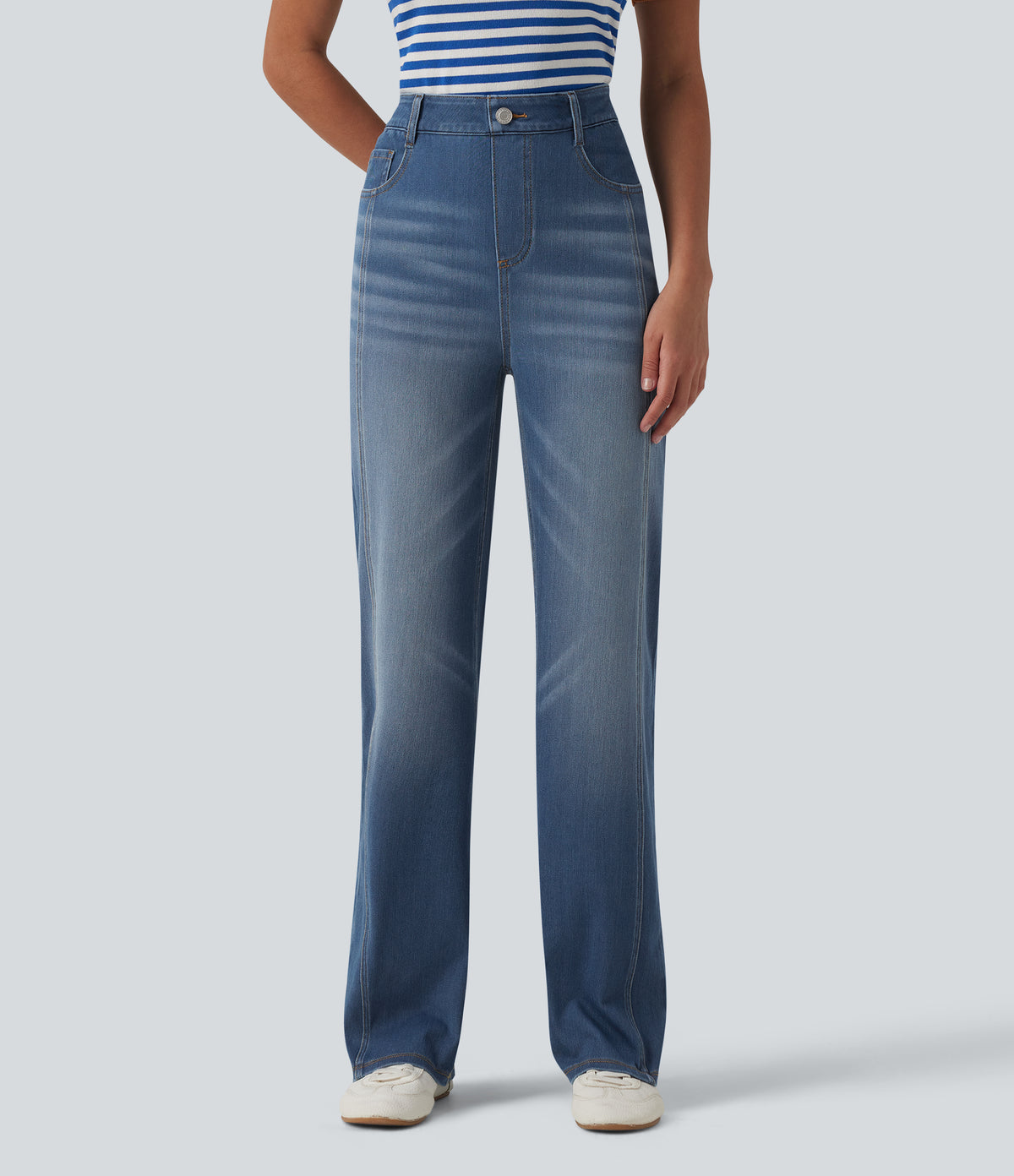 High Waisted Casual Straight Leg Jeans with Pockets — Tide Blue Denim — view 1
