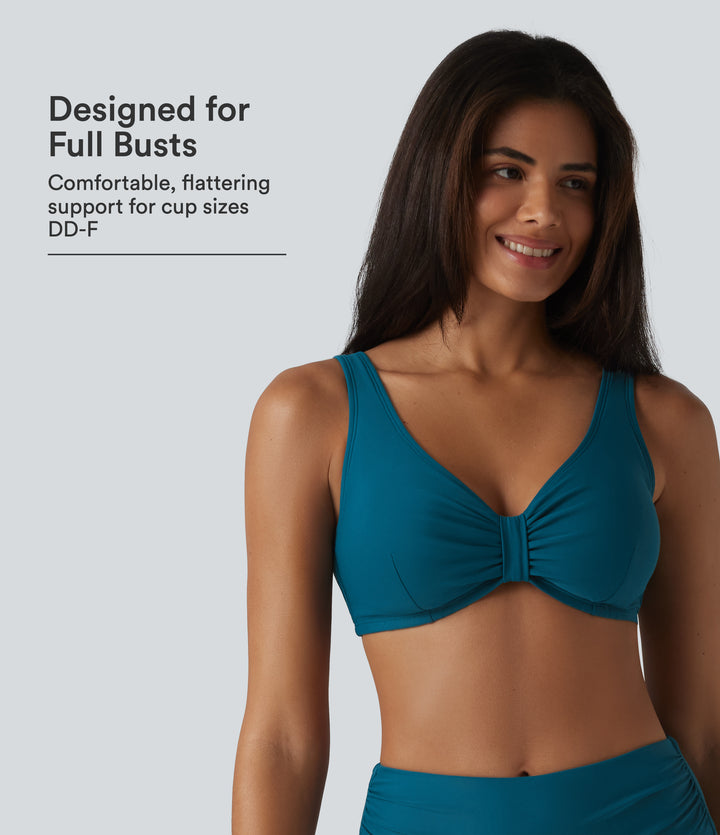 V Neck Sheen Bikini Top Swimsuit DD-F Cups — Ink Blue — view 1