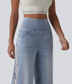 High Waisted Contrast Lace Casual Wide Leg Jeans with Pockets — Ice Water Denim — view 4