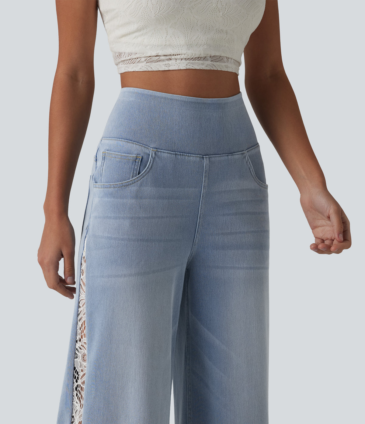 High Waisted Contrast Lace Casual Wide Leg Jeans with Pockets — Ice Water Denim — view 4
