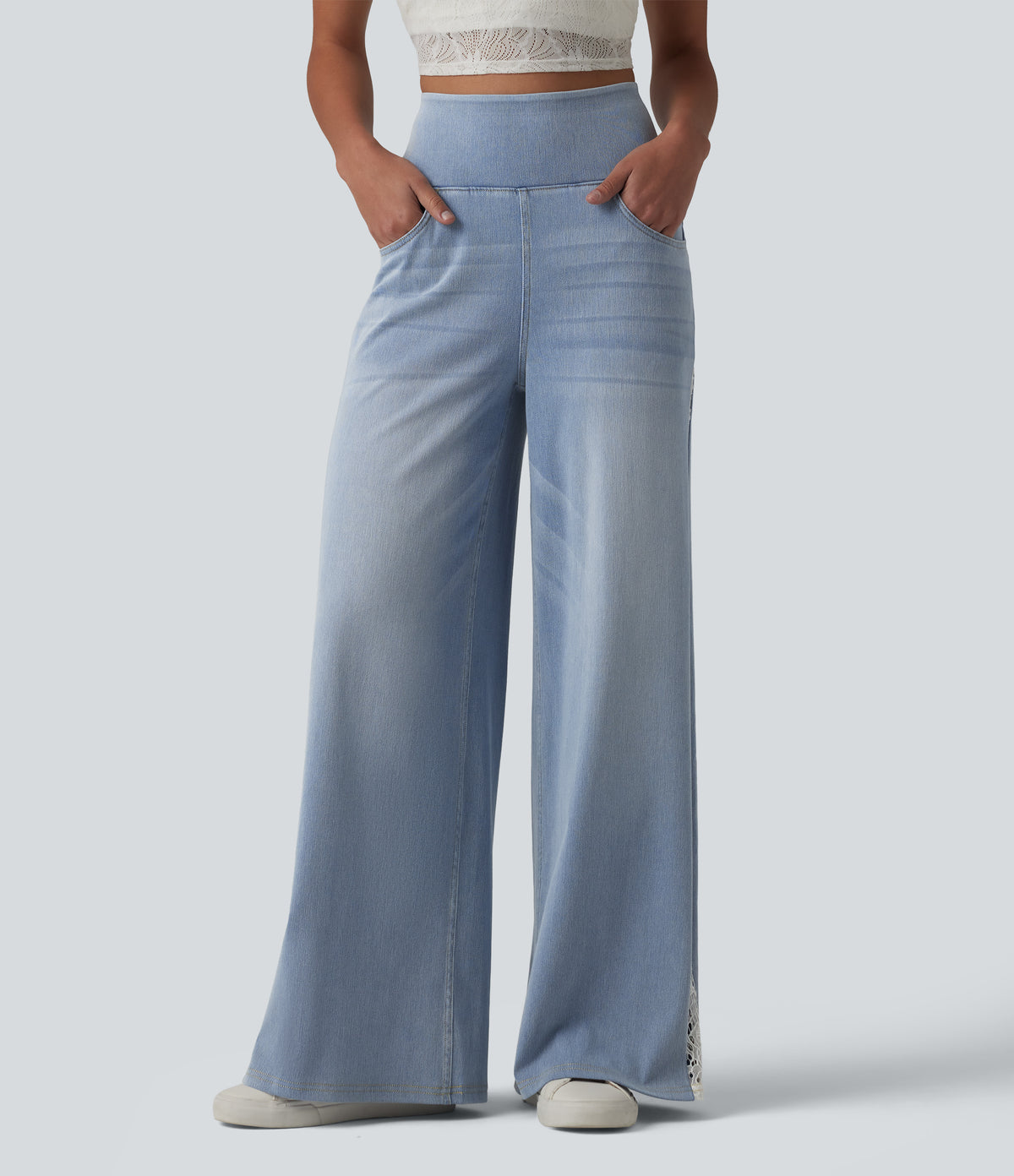 High Waisted Contrast Lace Casual Wide Leg Jeans with Pockets — Ice Water Denim — view 3