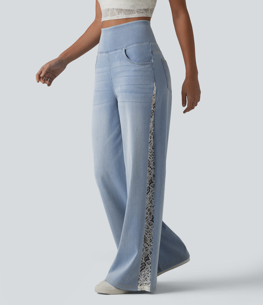 High Waisted Contrast Lace Casual Wide Leg Jeans with Pockets — Ice Water Denim — view 1