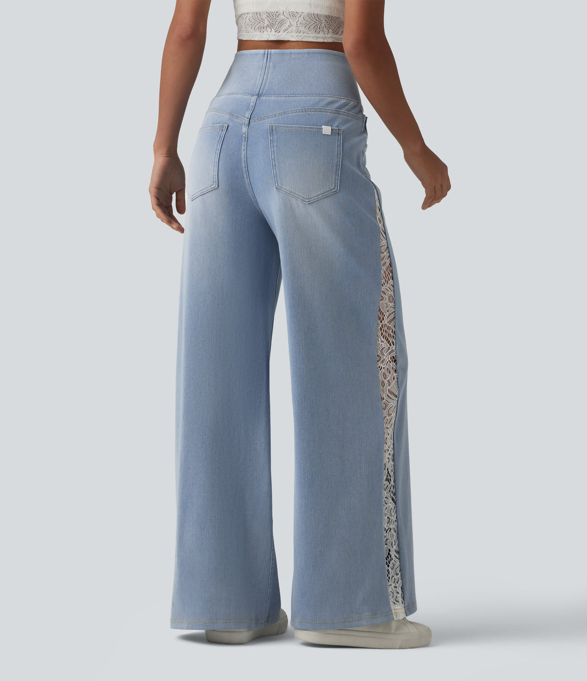 High Waisted Contrast Lace Casual Wide Leg Jeans with Pockets — Ice Water Denim — view 2