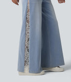 High Waisted Contrast Lace Casual Wide Leg Jeans with Pockets — Ice Water Denim — view 6
