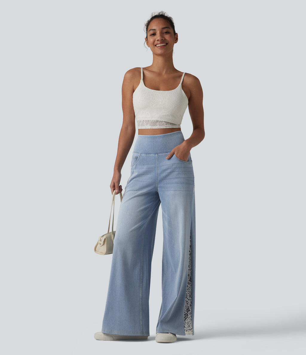 High Waisted Contrast Lace Casual Wide Leg Jeans with Pockets — Ice Water Denim — view 7