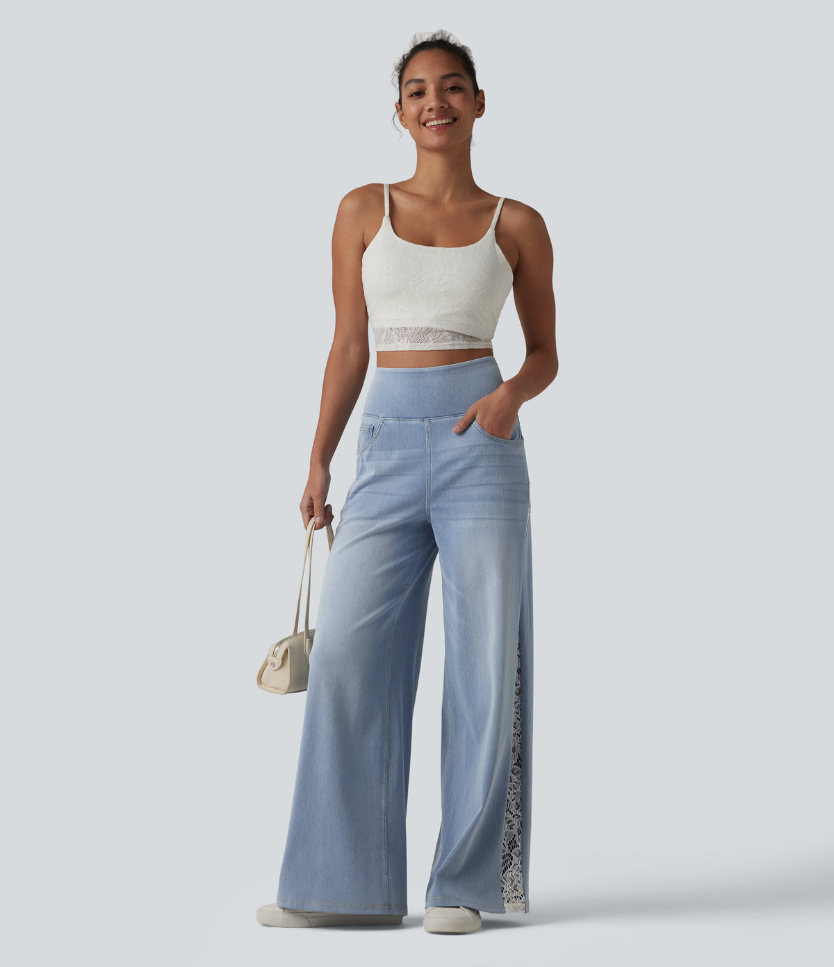 High Waisted Contrast Lace Casual Wide Leg Jeans with Pockets — Ice Water Denim — view 7