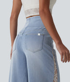 High Waisted Contrast Lace Casual Wide Leg Jeans with Pockets — Ice Water Denim — view 5