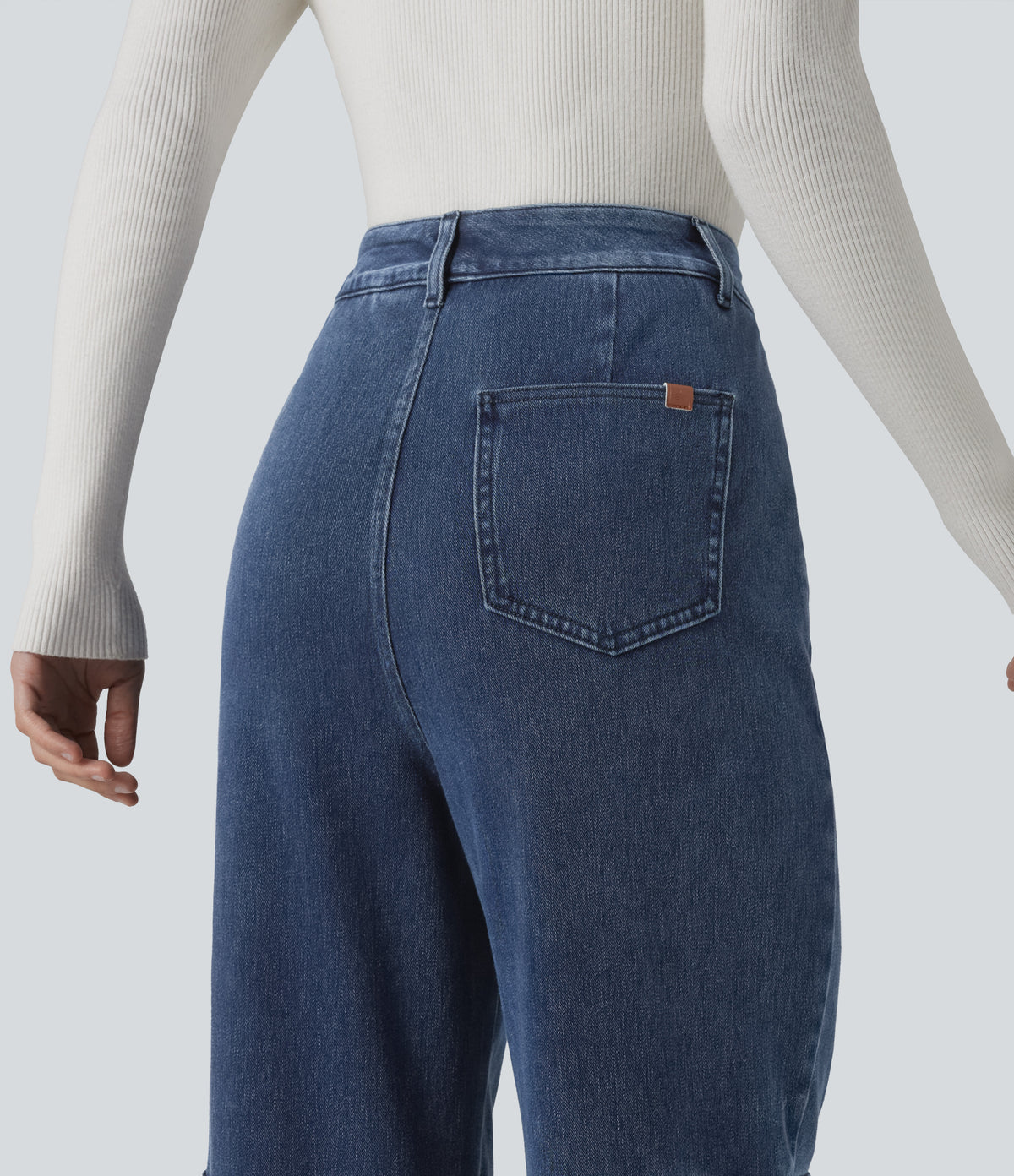 High Waisted Casual Cargo Bootcut Jeans with Pockets — Estate Blue Denim — view 5