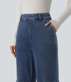 High Waisted Casual Cargo Bootcut Jeans with Pockets — Estate Blue Denim — view 4