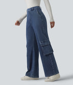 High Waisted Casual Cargo Bootcut Jeans with Pockets — Estate Blue Denim — view 1