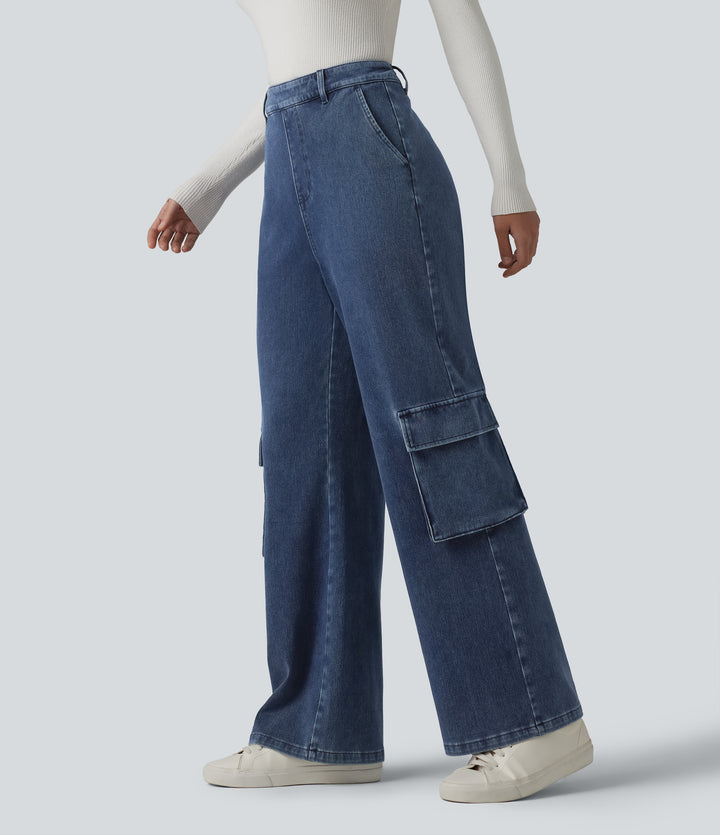 High Waisted Casual Cargo Bootcut Jeans with Pockets — Estate Blue Denim — view 1