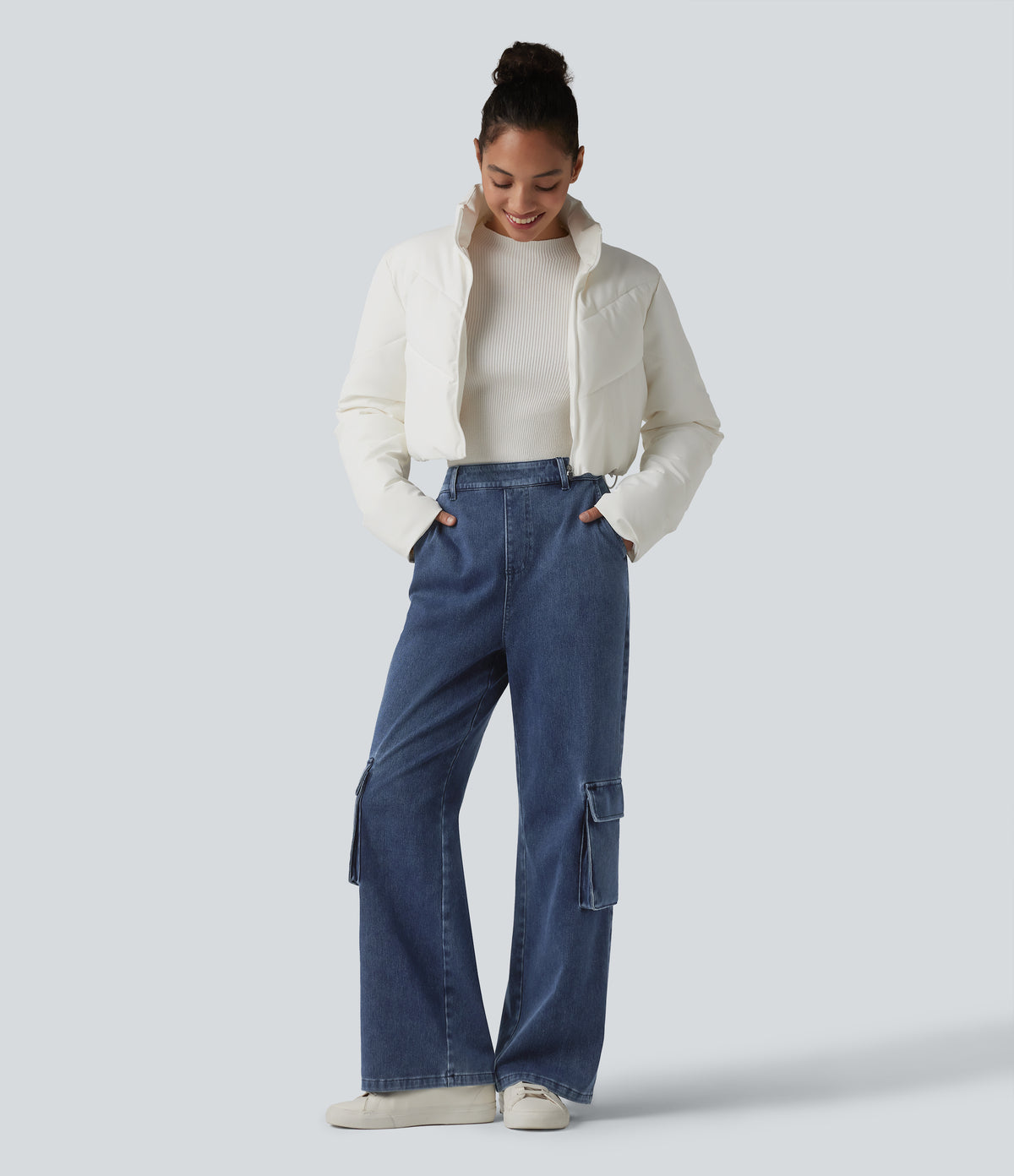 High Waisted Casual Cargo Bootcut Jeans with Pockets — Estate Blue Denim — view 7
