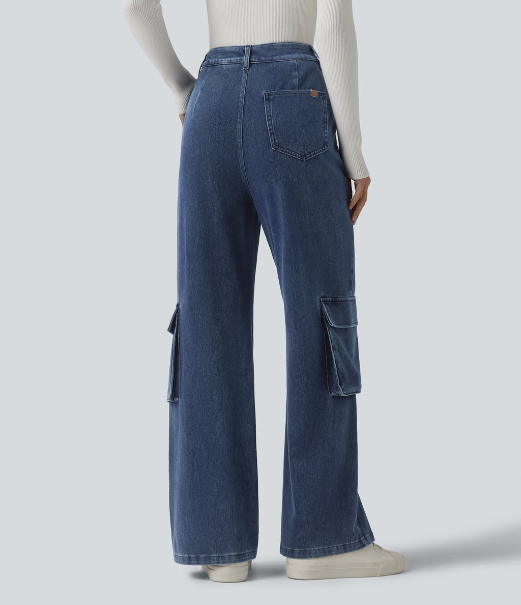 High Waisted Casual Cargo Bootcut Jeans with Pockets — Estate Blue Denim — view 3